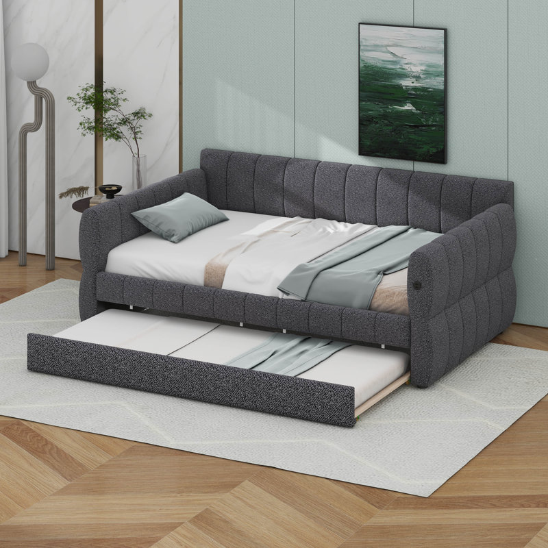 Lit de jour grand avec rangement et port USB, lit gigogne d'angle, gris