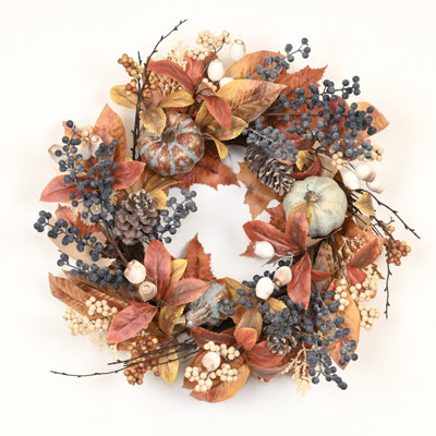 24 po, feuilles d'automne artificielles, pommes de pin, grappe de baies, citrouilles givrées, automne, jour de l'Action de grâce, couronne pour porte, porche, fête, récolte, décor