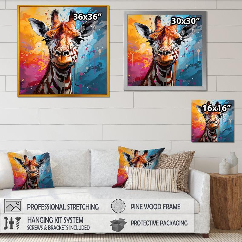 Pop art, portrait de girafe II sur toile, H 16 po x l 16 po x P 1 po, Toile tendue