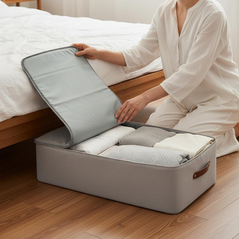 Under Bed Storage Container – Foldable Underbed Storage Bin For Clothes & Bedding, Premium Canvas Storage Box With Lid, Low Profile 8″ Organizer With Handles