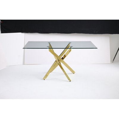 Modern Rectangular Tempered Glass Dining Table with Golden Iron Frame