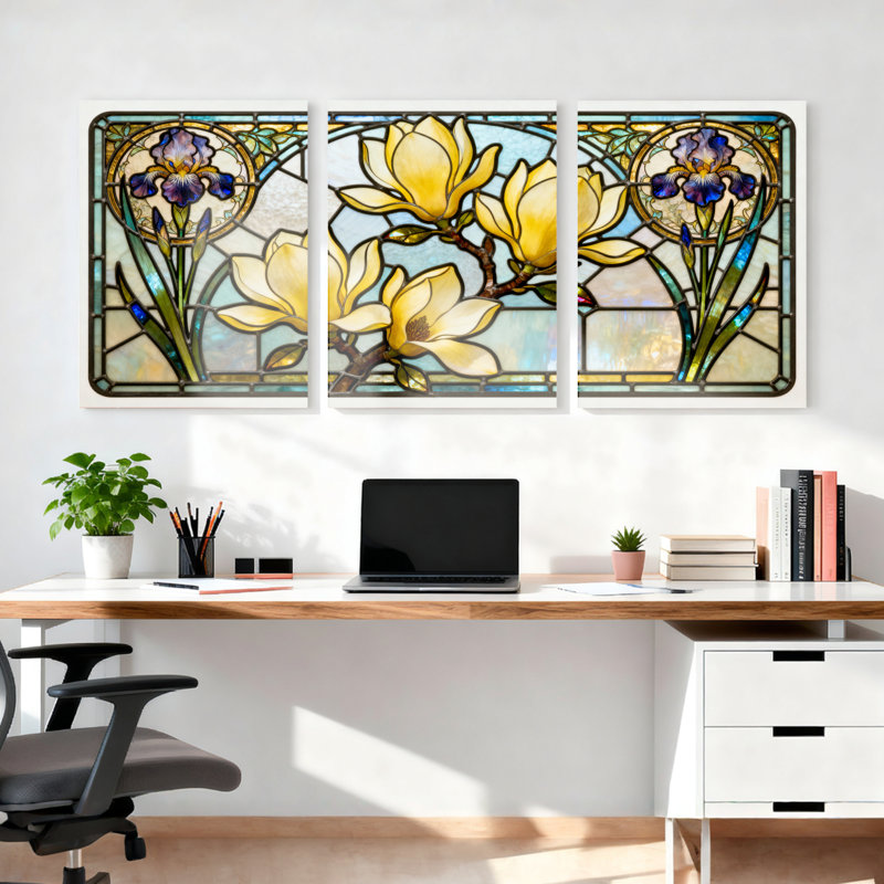 Ensemble de 3 tableaux muraux sur toile tendue, représentant des magnolias et des iris, en vitrail., H 18 po x l 36 po