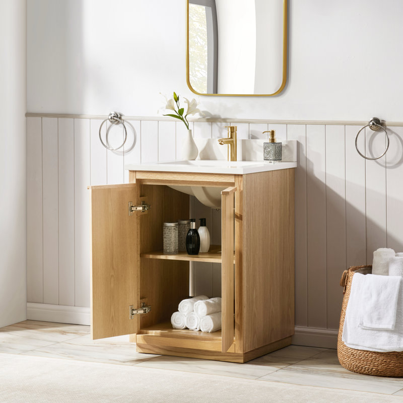 Clairence Meuble-lavabo autoportant à simple cuve en chêne clair avec plateau en quartz de Carrare, 24"