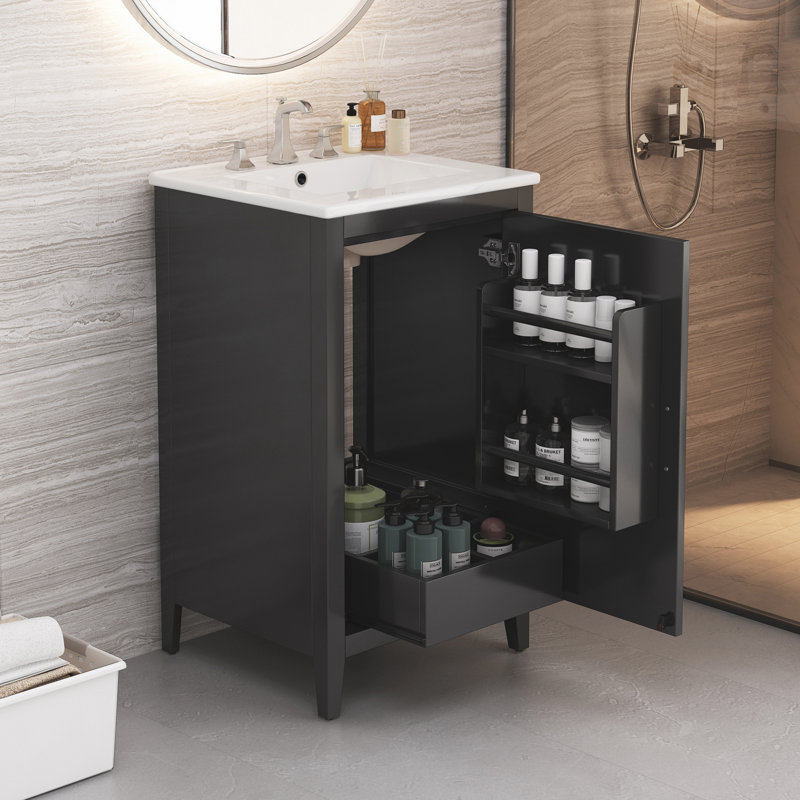 Meuble-lavabo avec tablette et tiroirs, Noir, noir, noir, noir