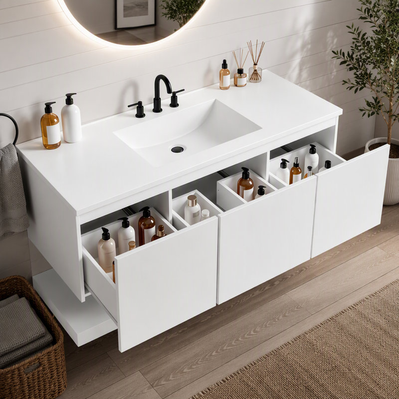 Meuble-lavabo flottant mural 48 po avec comptoir en composite, 3 tiroirs spacieux et tablette inférieure ouverte, conception moderne sans poignée, convenant à un robinet de 8 po