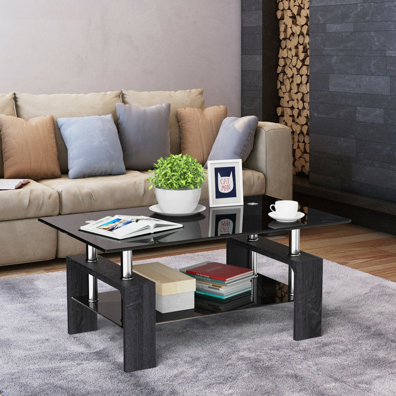 Rectangular Tempered Glass Coffee Table with Shelf, Black, Gray