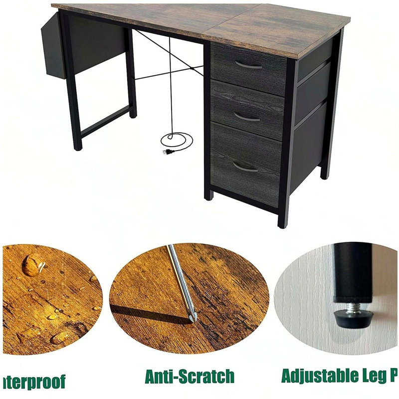 47.3"office desk with power outlet,3drawers and Side Pocket, Easy to Assemble,Frame stability Reversible for Home Office Study