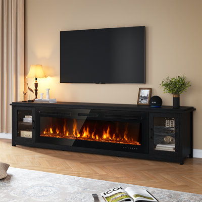 90"TV Stand With Smart Electric Fireplace, Entertainment Center Fits Up to 100" TVs, Wi-Fi Controlled Console with Adjustable Shelves & Glass Doors