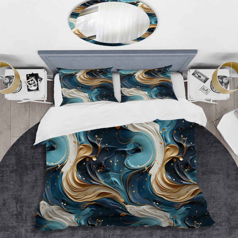 Literie à motif de veines dorées et de marbre bleu, Housse de couette simple + 1 taie décorative stan