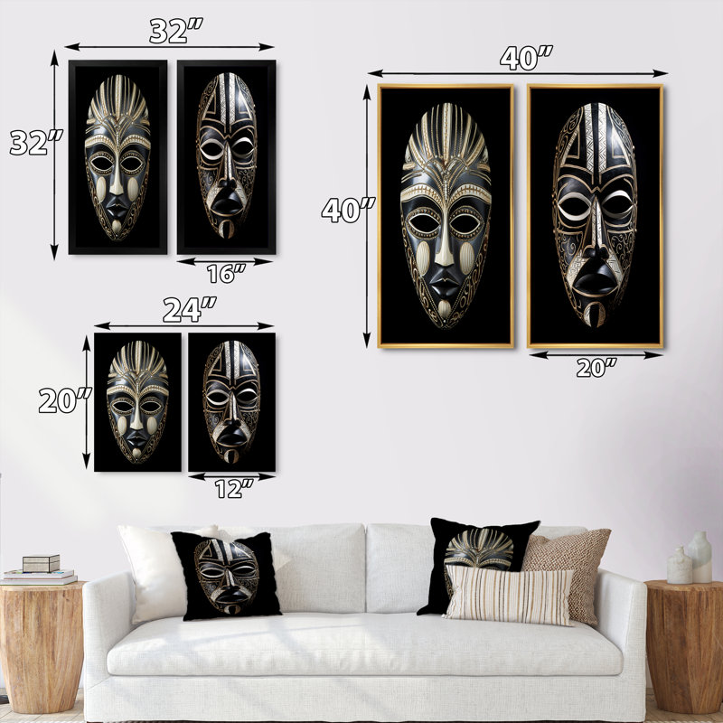"Masque africain traditionnel X" - 2 pièces sur toile, Toile tendue, H 20 po x l 24 po