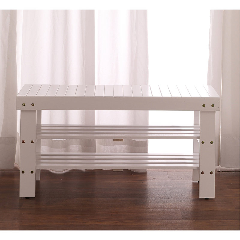 Banc à chaussures en bois massif blanc avec tablette, finition facile à assembler et utile, Blanc