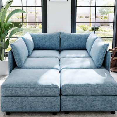Canapé d'angle convertible 6 places avec couchage et rangement, tissu chenille bleu antique, coussins confortables à ressorts ensachés haute densité pour un confort optimal