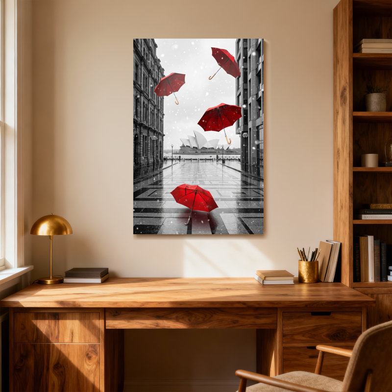 Parapluies rouges flottant dans une ville en noir et blanc, H 36 po x l 24 po