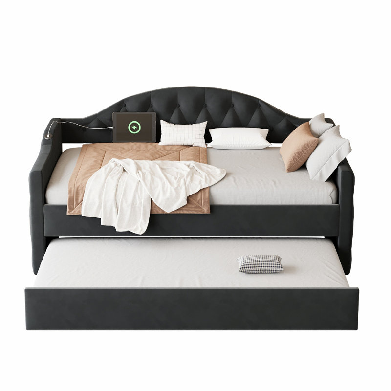 Lit de jour capitonné avec couchette, USB et ports de charge Type-C, Noir