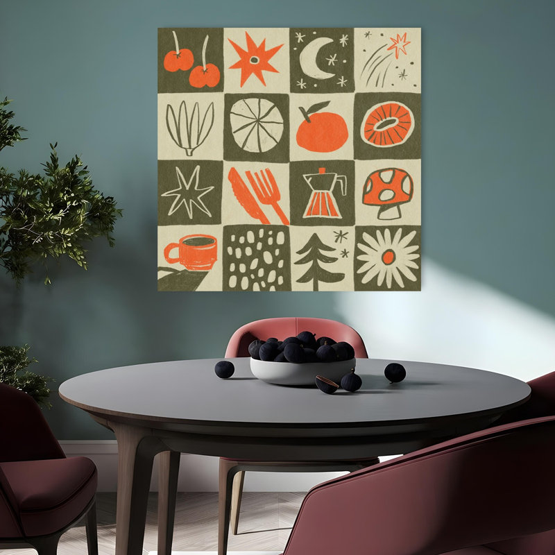 «Retro Kitchen Nature Modern Retro Abstract Pine Tree Cherry Flower Fruit», reproduction d'art murale, H 36 po x l 36 po