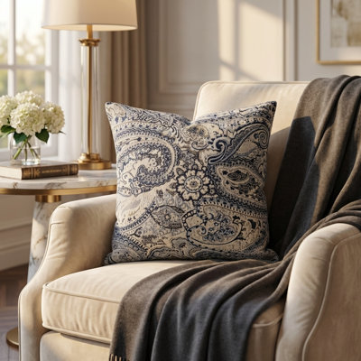 Coussin décoratif d’extérieur de luxe à motif floral Cachemire bleu/blanc