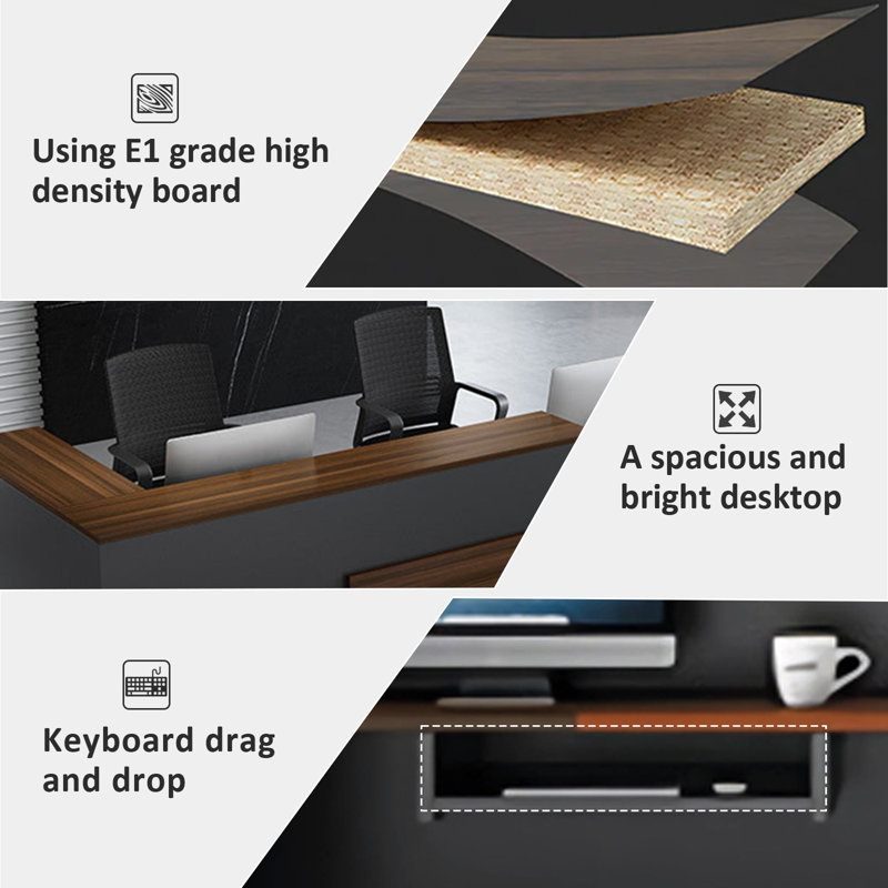 Bureau de réception moderne en L ergonomique avec rangement surélevé à gauche