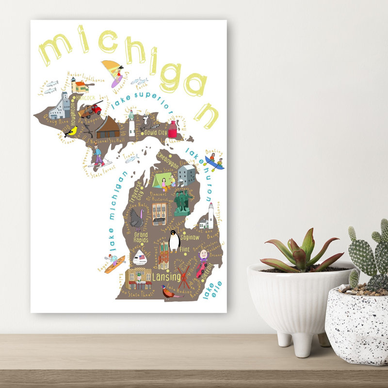 Illustrated Map Of Michigan Abstract Contemporary Architecture City Wall Art Print 1 Piece Wrapped Canvas Wall Art