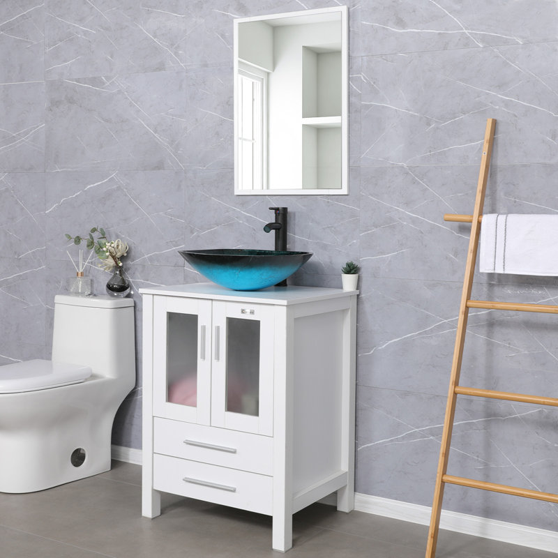 Ensemble de meuble-lavabo simple 24 po avec lavabo vasque Daleny, plateau en bois manufacturé, robinet, bonde, Blanc, Blanc