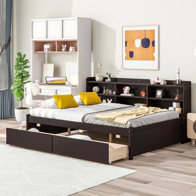Bed with Side Bookcase, Drawers,Espresso, Full