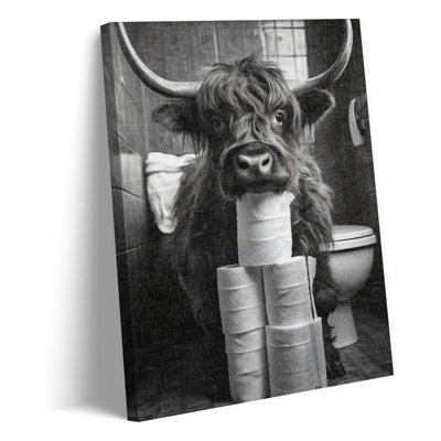 Drôle de vache Highland, art mural noir et blanc, peinture sur toile de vache Highland, impression sur toile, humour moderne, affiches, impressions pour salle de bain