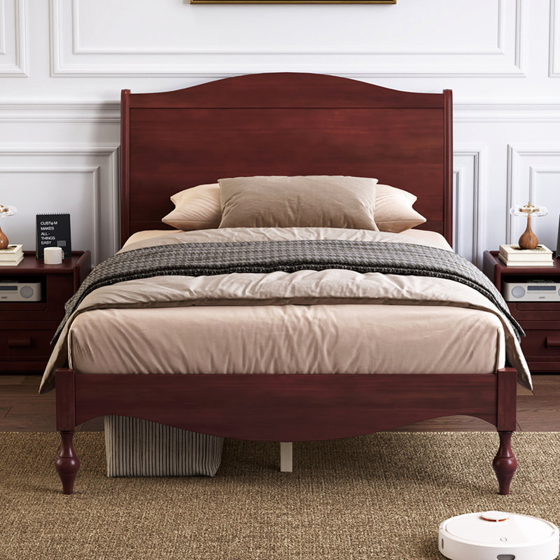 Structure de lit double en bois avec tête de lit, lit plateforme rétro, tête de lit arquée traditionnelle et pied de lit, grand rangement sous le lit, aucun sommier nécessaire, assemblage facile, noyer foncé