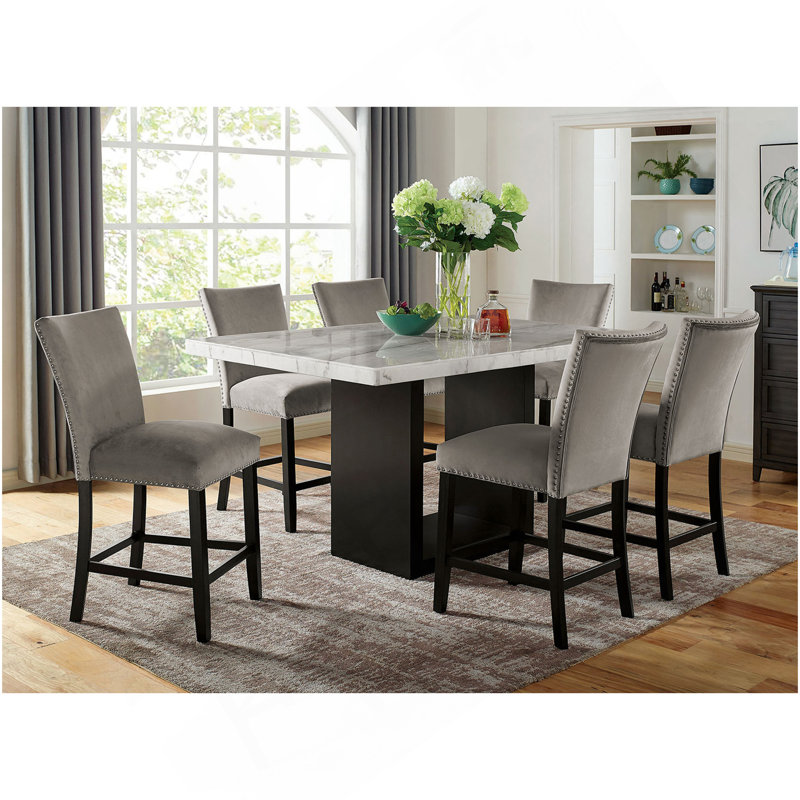 Table de salle à manger en marbre véritable avec chaises hautes 6X et flanelle gris clair