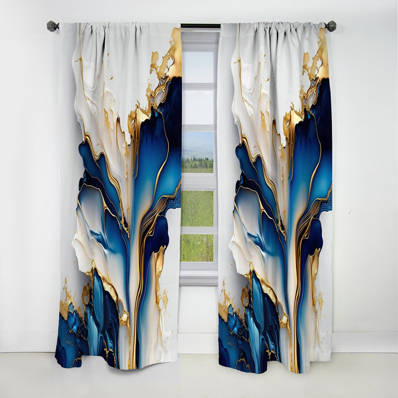 Abstract Geode Gold And Blue Marble Shape III - Abstract Marble Blackout Curtain - 1 Panels, 52" W x 63" L