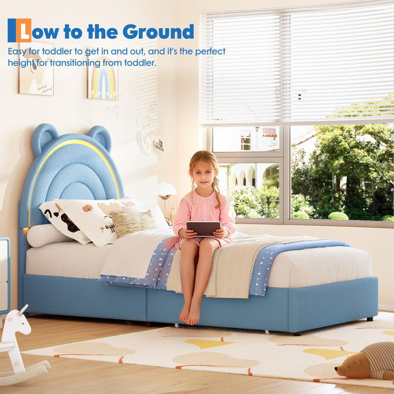 Cadre de lit simple avec 4 tiroirs de rangement et lumières DEL Princess, lit plateforme tapissier en velours avec tête de lit arc-en-ciel