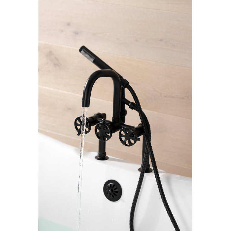 Kingston Brass Belknap Three-Handle 2-Hole Deck Mount Clawfoot Tub Faucet with Hand Shower, Matte Black