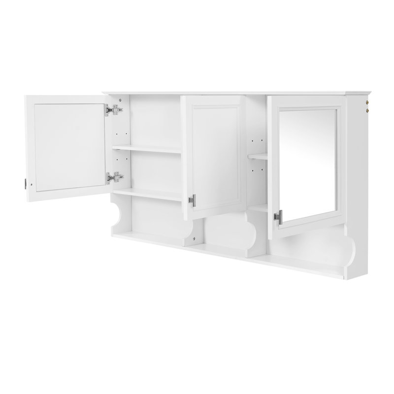 Armoire à pharmacie 55 po avec tablettes ouvertes - Armoire de rangement murale avec tablette réglable et porte miroir pour l'organisation au-dessus de la toilette, fabrication en bois massif blanc