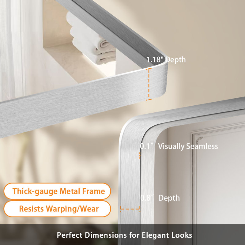 Lunara 1.18" Deep Rounded Corner Rectangular Bathroom Wall Mirror with Premium Tempered Glass & Aluminum Alloy Framed, Silver