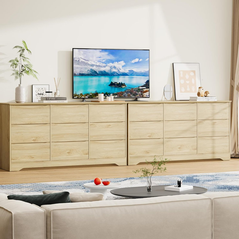 Grande commode moderne en bois avec 9 tiroirs et rangement profond, Jaune