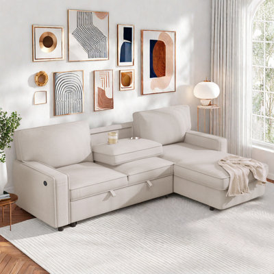 89" Reversible L-Shaped Bayboro With Pull-Out Sleeper, Storage Chaise, USB Ports & 2 Cup Holders by Latitude Run