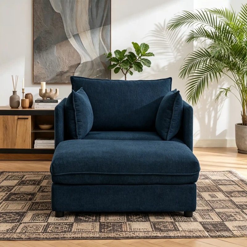 Chaise longue rembourrée en chenille bleue 58,6 po avec repose-pieds amovible, Bleu
