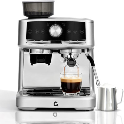 Espresso Coffee Machine, Stainless Steel with Built-In Grinder, 20-Bar Pressure, 1.5L Removable Water Tank, Milk Frothing Steam Wand for Latte and Cappuccino