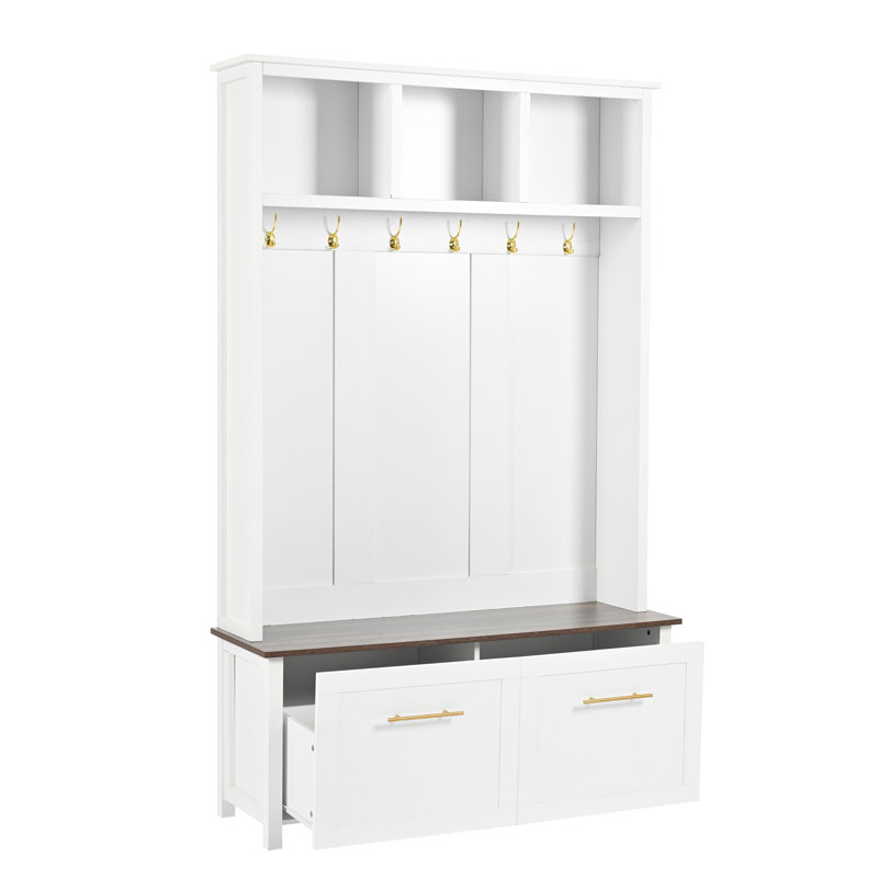 Portemanteau polyvalent 4 en 1 avec 6 crochets dorés, banc à grain de bois brun avec plusieurs espaces de rangement, portemanteau d'entrée avec 2 tiroirs pour le salon, couloir