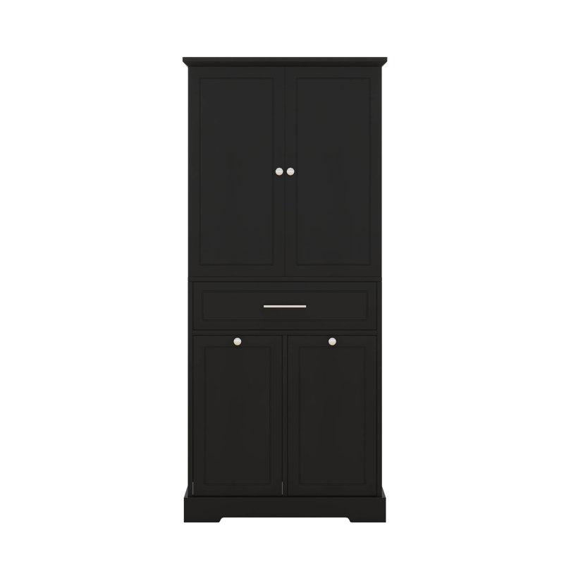 Armoire de salle de bain avec panier à linge caché, tiroir et 3 portes, armoire de salle de bain avec tablette réglable, Noir