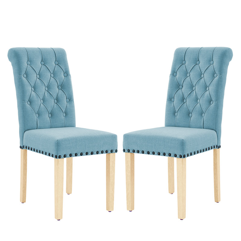 Amby Linen Tufted Upholstered Parsons Dining Chairs with Wood Legs, Light Blue