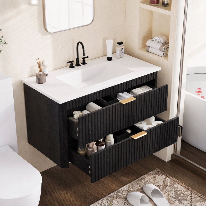 Meuble-lavabo mural simple 30 po avec lavabo en céramique, Chêne noir, 30'' W