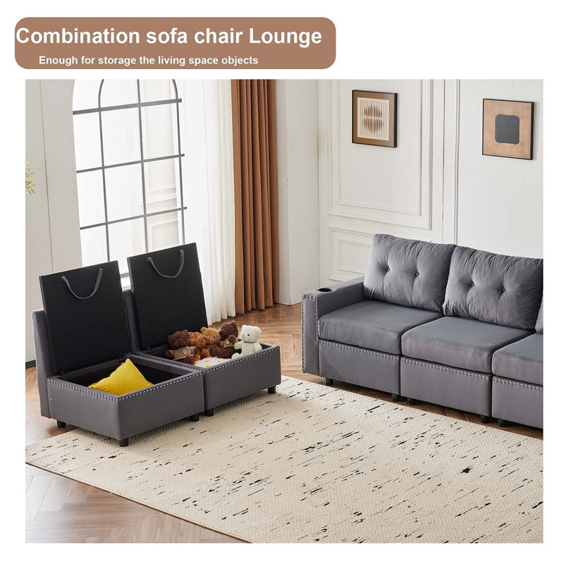 Charmant canapé modulaire en velours avec rangement caché, idéal pour les salons confortables