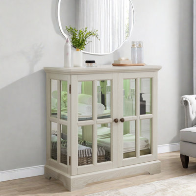 Antique China Cabinet With 2 Glass Doors, An Adjustable Shelf, Metal Handles And Led Light Strip by Wrought Studio