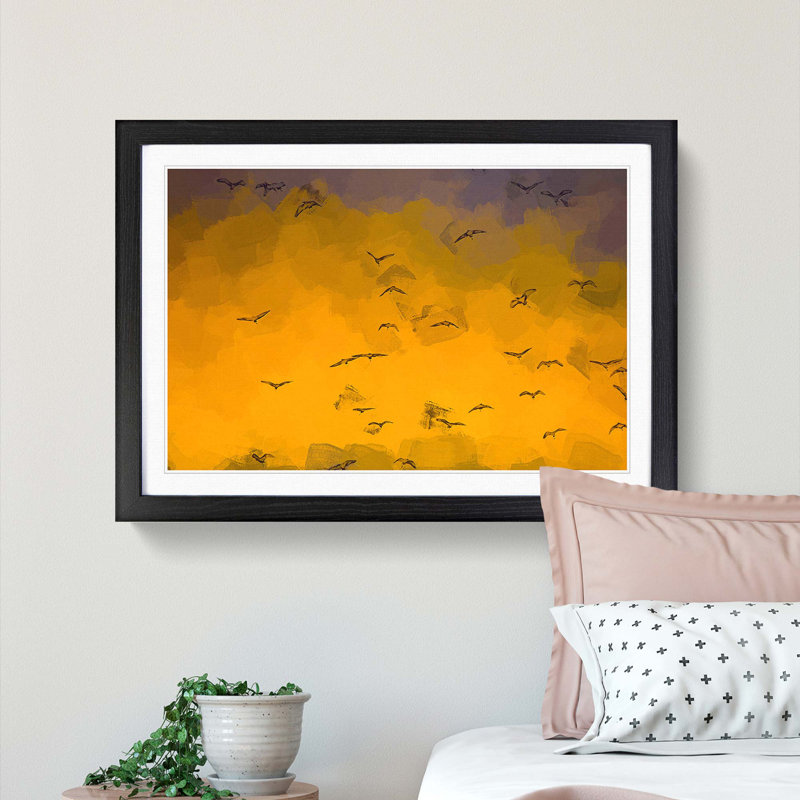 Egrets at Sunset in Abstract - Picture Frame Graphic Art Print, 62cm H x 87cm W x 2cm D, Black Framed