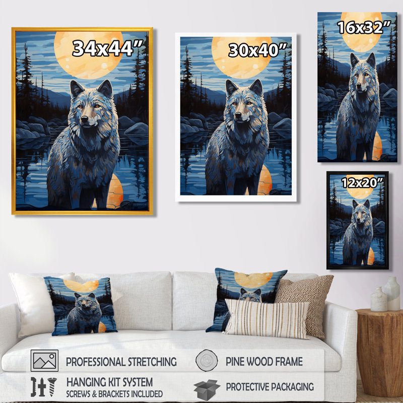 Loup blanc sous la pleine lune par Forest River - loup, art mural, H 20 po x l 12 po x P 1 po, Toile avec cadre flottant noir