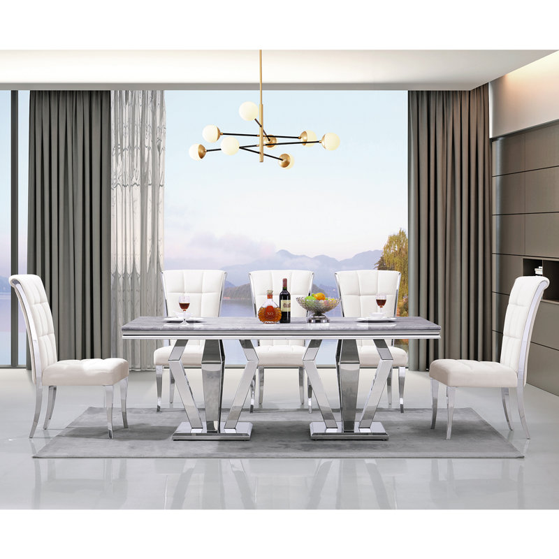 Keishon Upholstered Dining Chair, White, Silver