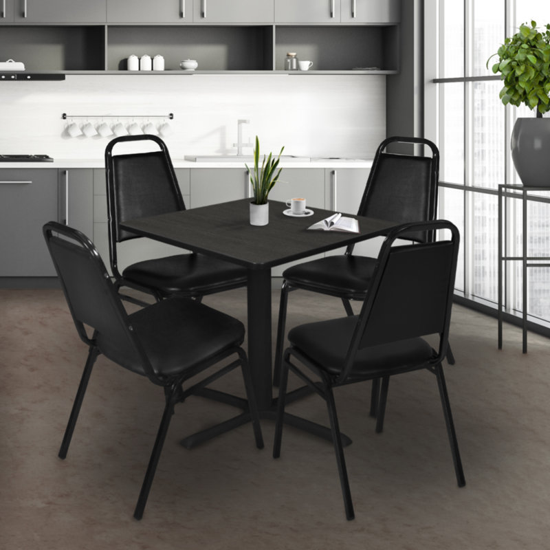 Regency Cain Square Breakroom Table & 4 Restaurant Stack Chairs, 29" H x 30" L x 30" D, Ash Grey/Black