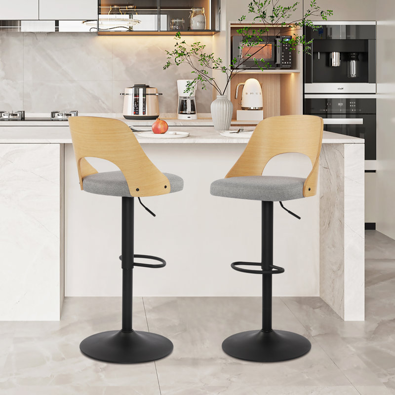 Beech Wood Middle Back Bar Stools Height Adjustable Bar Chairs With Footrest, Set Of 2, Beige