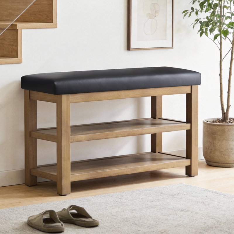 Banc de rangement rembourré pour chaussures en similicuir Hahnville, 21.3" H x 31.5" W x 13.8" D, Noir