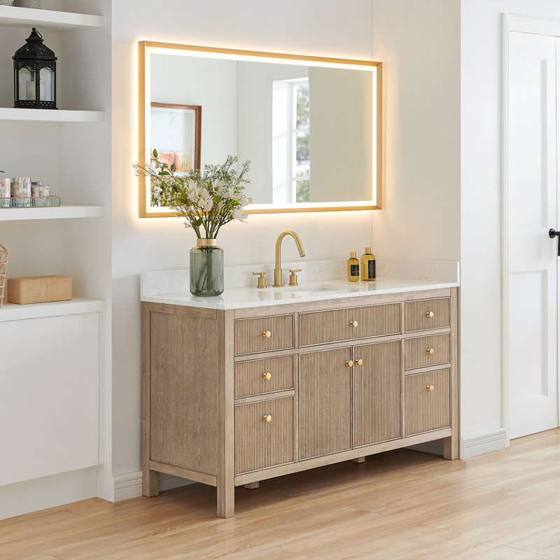 Meuble-lavabo simple Lala de 60 po avec comptoir en pierre reconstituée blanche grainée et miroir, Chêne naturel