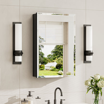 Recessed or Surface Mount Aluminum Beveled Frameless Medicine Cabinet With Mirrored Door and Adjustable Shelves